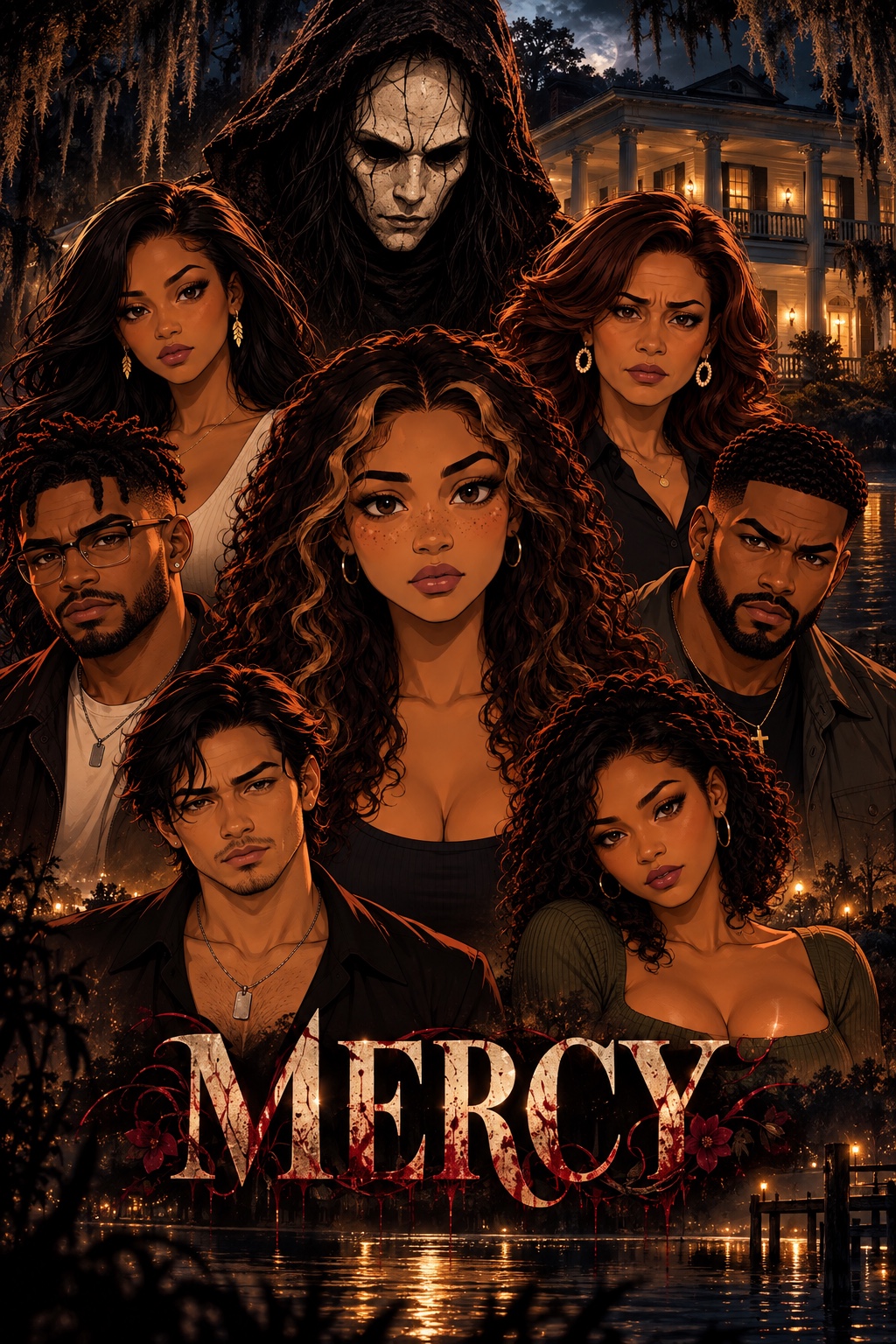 Official Mercy ensemble poster with the cast, Blackwood and Southern Gothic mansion