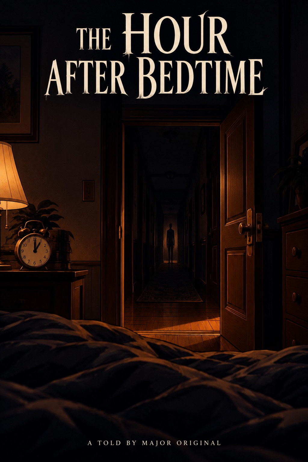 The Hour After Bedtime official cover showing a dark bedroom, open doorway, and distant silhouette